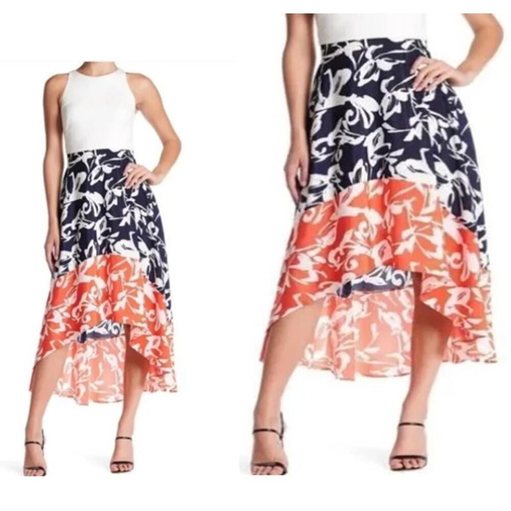 Vince Camuto‎ White Top Blue Coral Floral Dress Sz 6 Chiffon Sleeveless Tropical